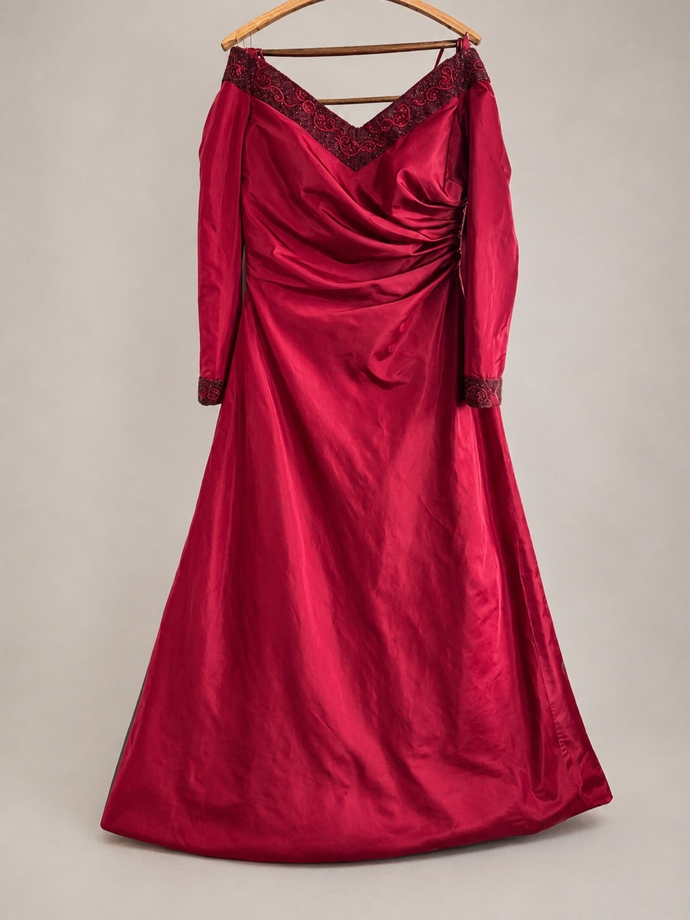 Saks Fifth Avenue Helen Morley Red Beaded Off-Shoulder Silk Evening Gown *FLAWS